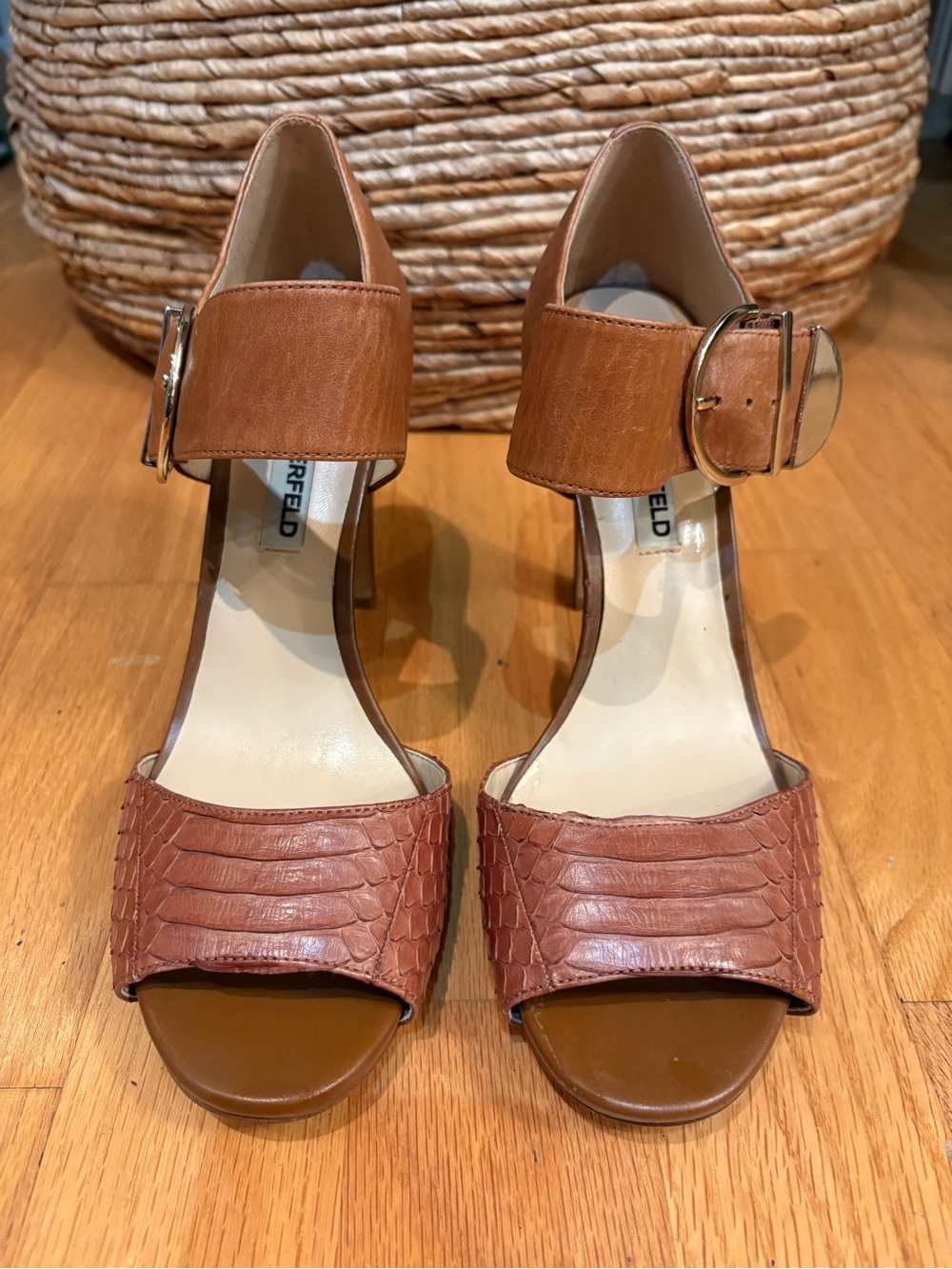 Karl Lagerfeld Cognac Brown Textured Leather Ankle-Strap Heels - Size 9 1/2